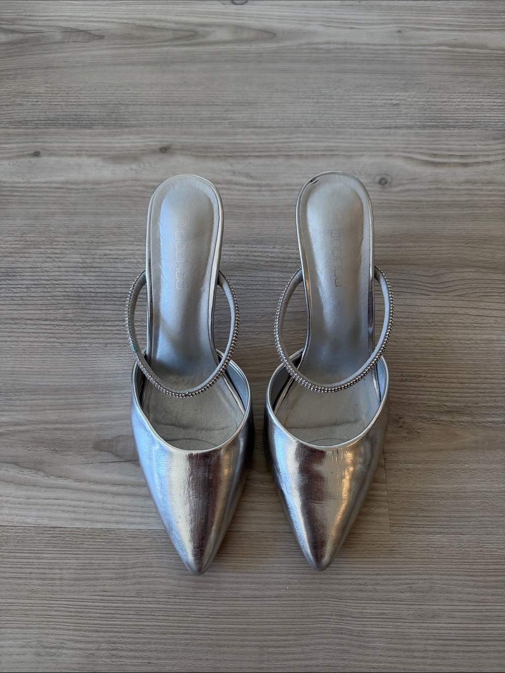 Boohoo Silver Metallic Pointed-Toe Heeled Mules with Embellished Strap